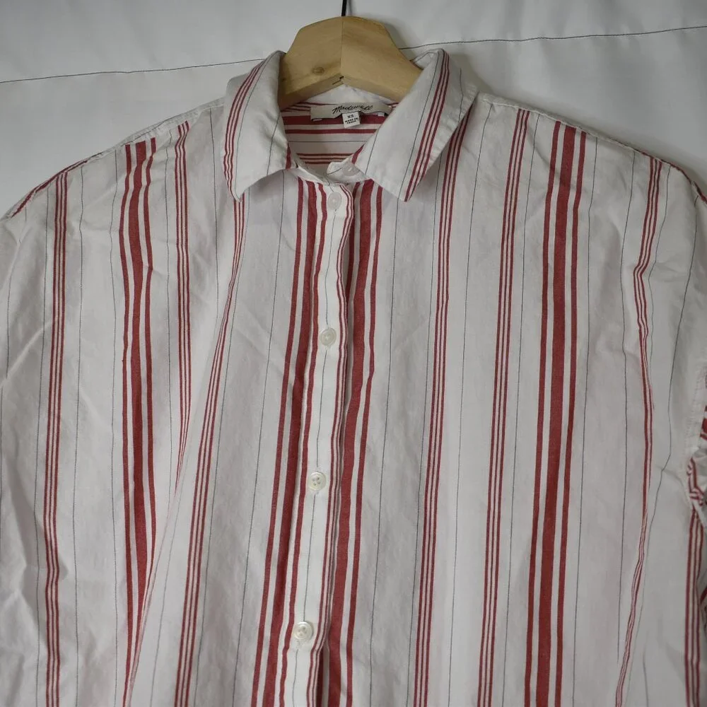 Madewell Women's Top Button Up Striped Central Ruffle Sleeve White Red - Picture 2 of 6